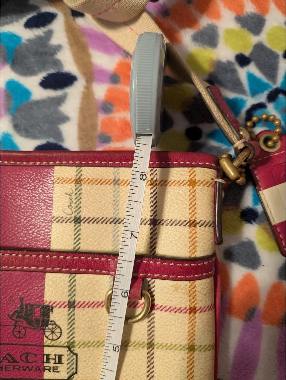 Coach Heritage Plaid Crossbody Bag with Pink Varsity Stripe Trim